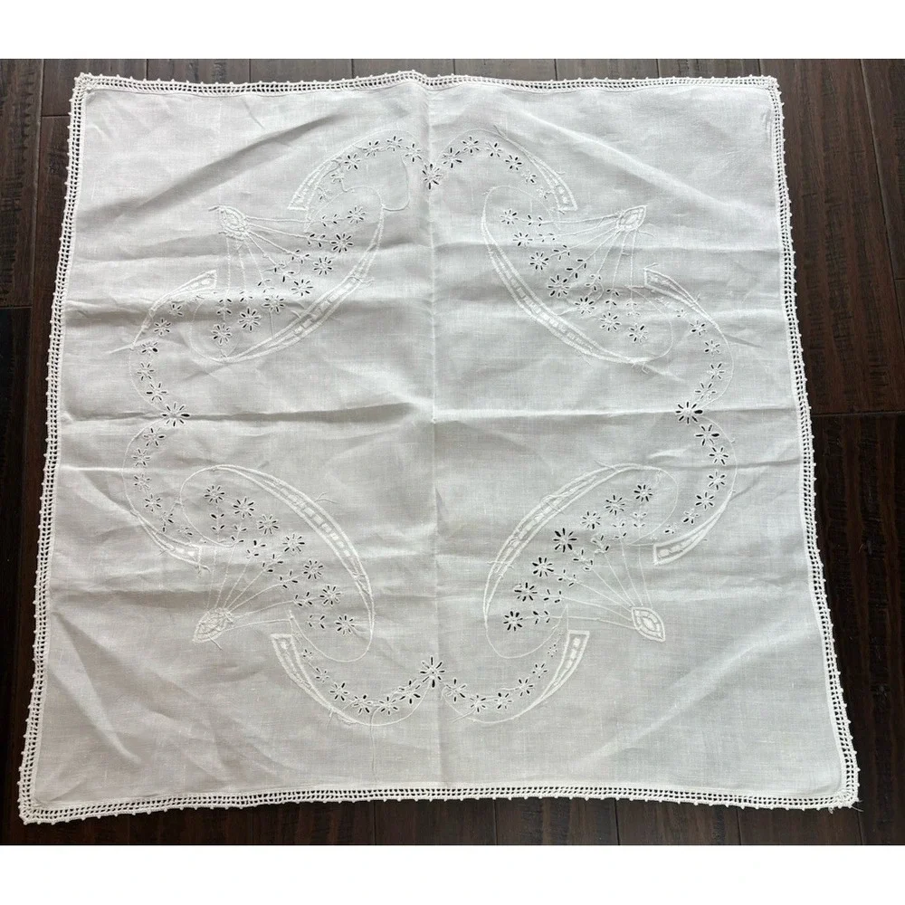 Vintage Hand Embroidered Linen Card Table Cloth Solid White 35